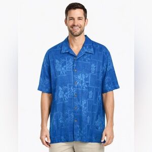 Vintage Jamaica Jaxx 100% Silk Hawaiian Shirt Blue Resort Button L